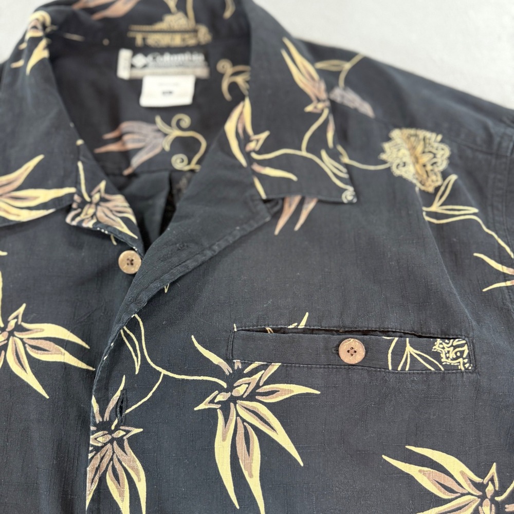 Columbia XCO Mens Large Black Tropical Floral Button Up Camp Shirt - Picture 2 of 7